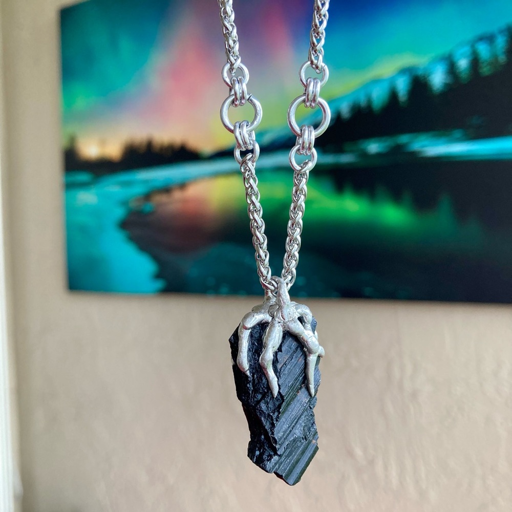 Black raw natural tourmaline gemstone electroplated charm steel boho necklace . - Picture 4 of 12